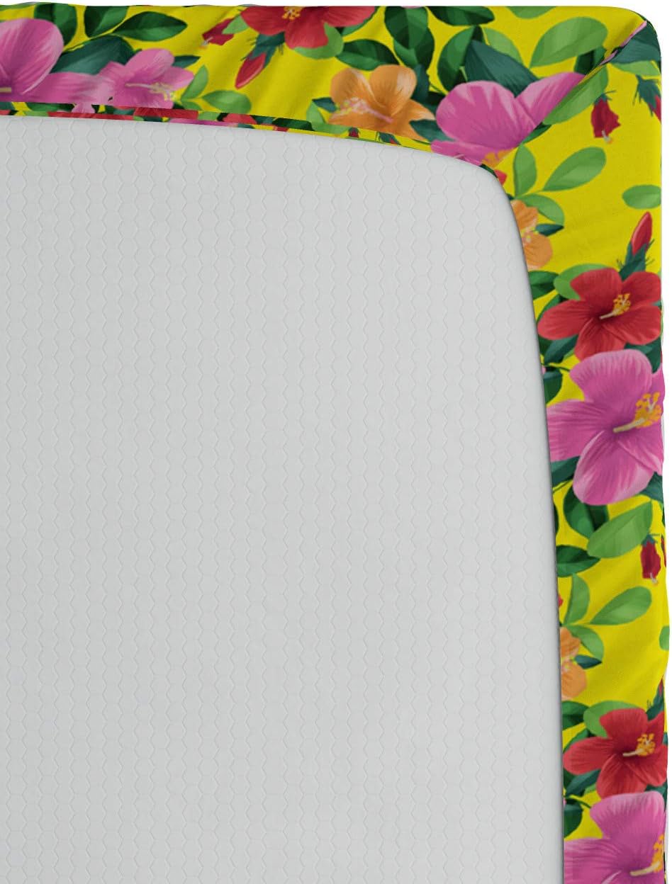 Ambesonne Flower Fitted Sheet, Blooming Hibiscus in Colorful Design with Green Foliage on Yellow Tropical Summer, Bed Cover with All-Round Elastic Deep Pocket for Comfort, Queen Size, Multicolor