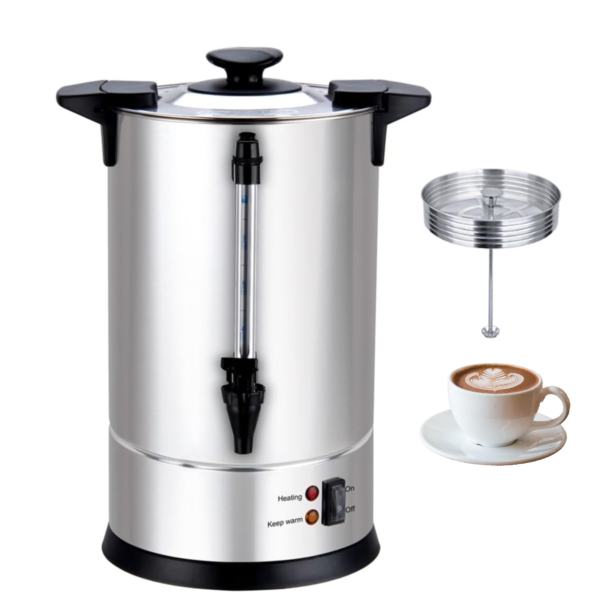 Percolateur à Café Inox 6L – 950W – Machine à Café Professionnelle 40 Tasses – Chauffe Rapide – Robinet Anti-Goutte – Température 90-92°C – Jauge de Niveau – Panier Inclus – Inox Simple Paroi