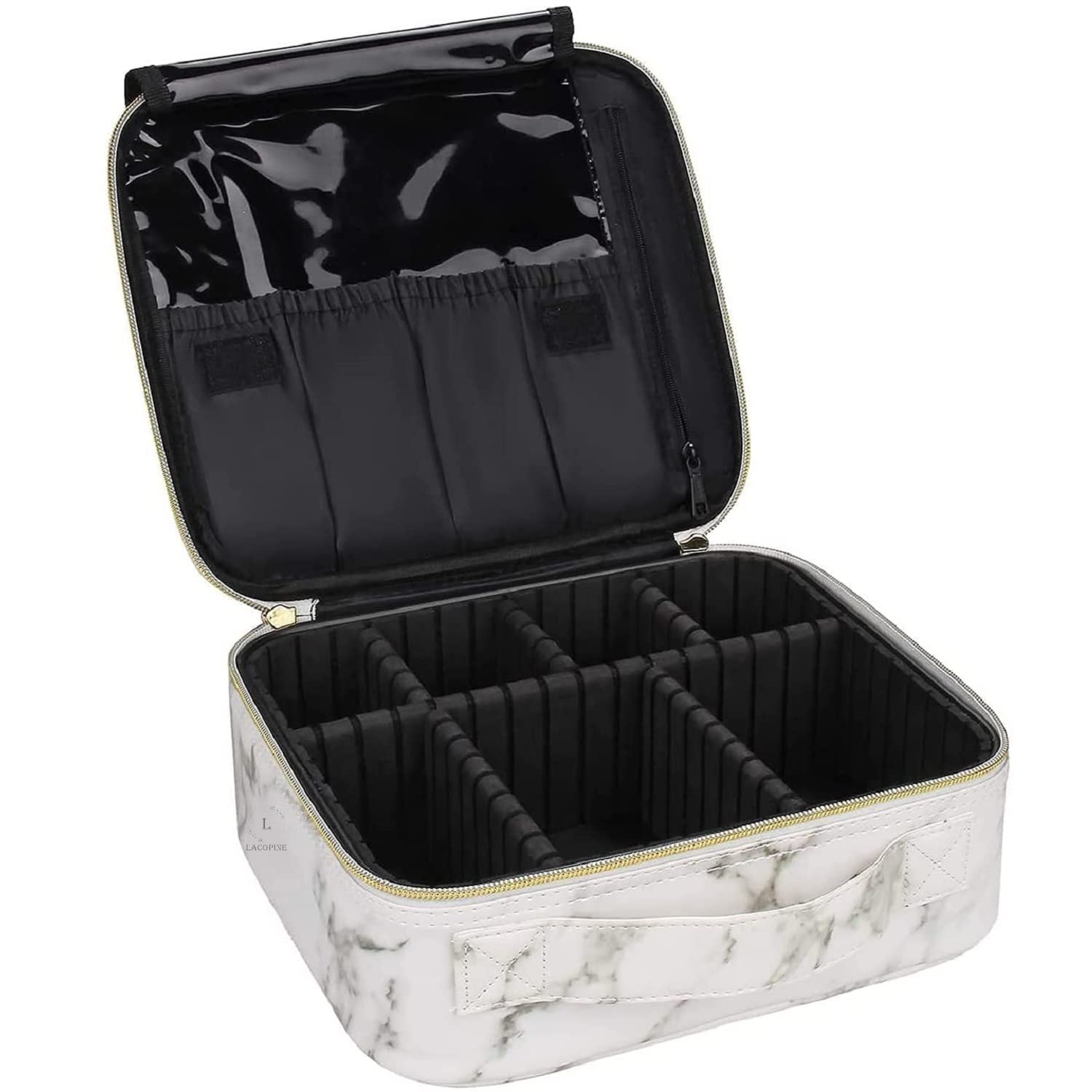 LACOPINE Travel Accessory Cosmetics Storage Bag with Adjustable Dividers for Cosmetics Makeup (12 Inch (1 Layer)_Travel Makeup Case_White)