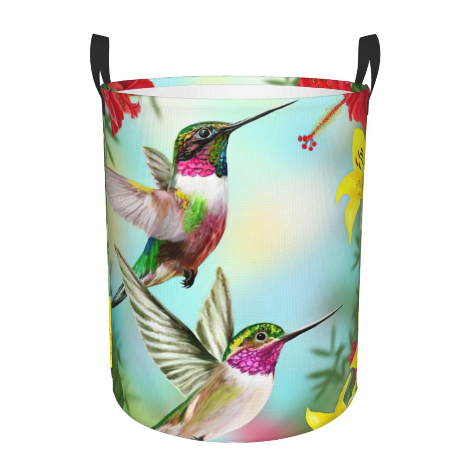 Grand panier à linge rond colibris et fleurs d'hibiscus rouges avec poignées solides