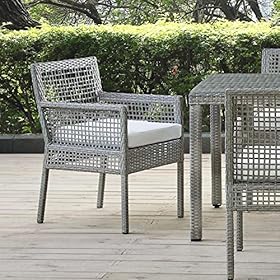 Modway Aura Wicker Rattan Outdoor Patio Dining Arm Chair with Cushion in Gray White