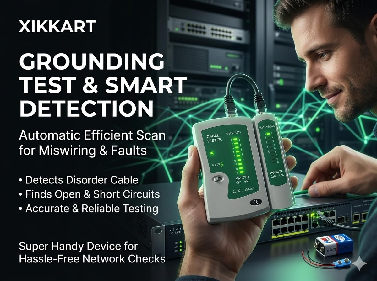 XIKKART Lan Tester, RJ45 And RJ11 Network Cable Tester With 9V Battery, LED Indicators RJ12 CAT5 CAT 6 UTP Ethernet Lan Cable Tester Test Tool For Internet Broadband Connection Test, Battery 4
