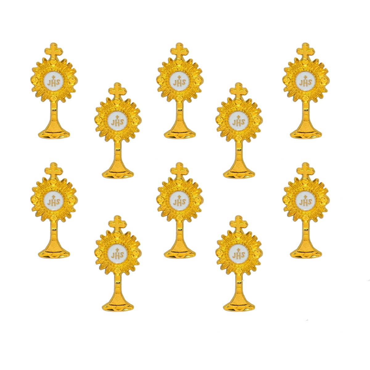 10 Pack of Gold-Tone Monstrance Pins with IHS Center | 1" Tall Catholic Eucharist Lapel Pins | First Holy Communion Religious Gifts | Catholic Eucharistic Accessories