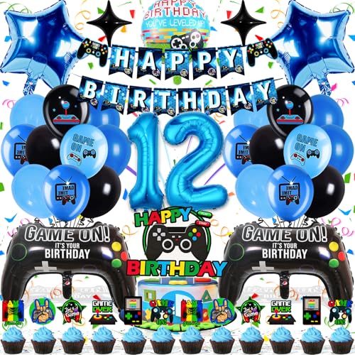Decoración de Cumpleaños de Videojuego para Niños de 12 Años - Set de Globos de Fiesta de Cumpleaños de 44 piezas en Azul y Negro, Respetuosos con el Medio Ambiente, Fácil de Montar