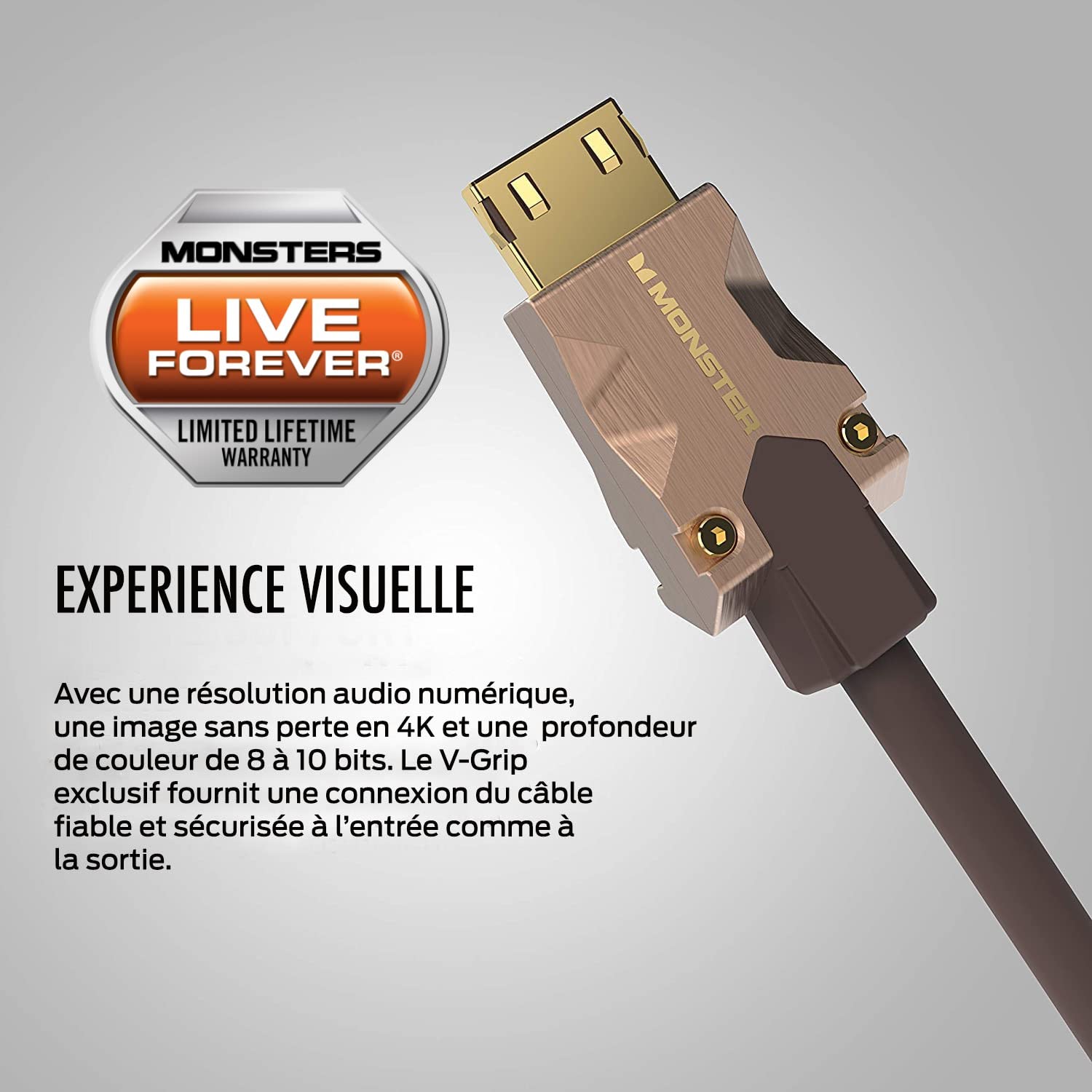 MONSTER - M2000 - Câble HDMI - Résolution 4K - Vidéo HDR10+ - 25 GBPS - Vitesse Éclair - Connecteurs V-Grip - Triple Blindage - 5 Mètres - Garanti à Vie - Gaine Souple Tressée