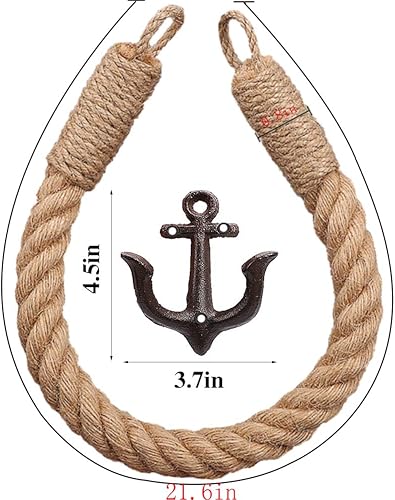 Miniatura 8 de Soporte para papel higiénico de cuerda náutica, anillo de toalla montado en la pared, soporte de papel higiénico náutico con ganchos de metal,