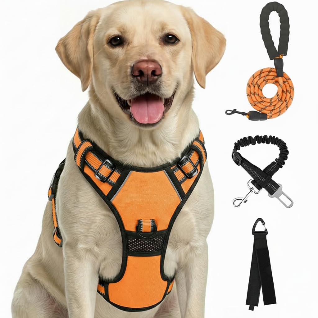 FURRYFECTION Hundegeschirr, kein Ziehen, reflektierendes Oxford-Gewebe, gepolsterter Griff, 4 verstellbare Gurte, 2 Leinenclips, kein Würgen, Haustierwestengeschirr