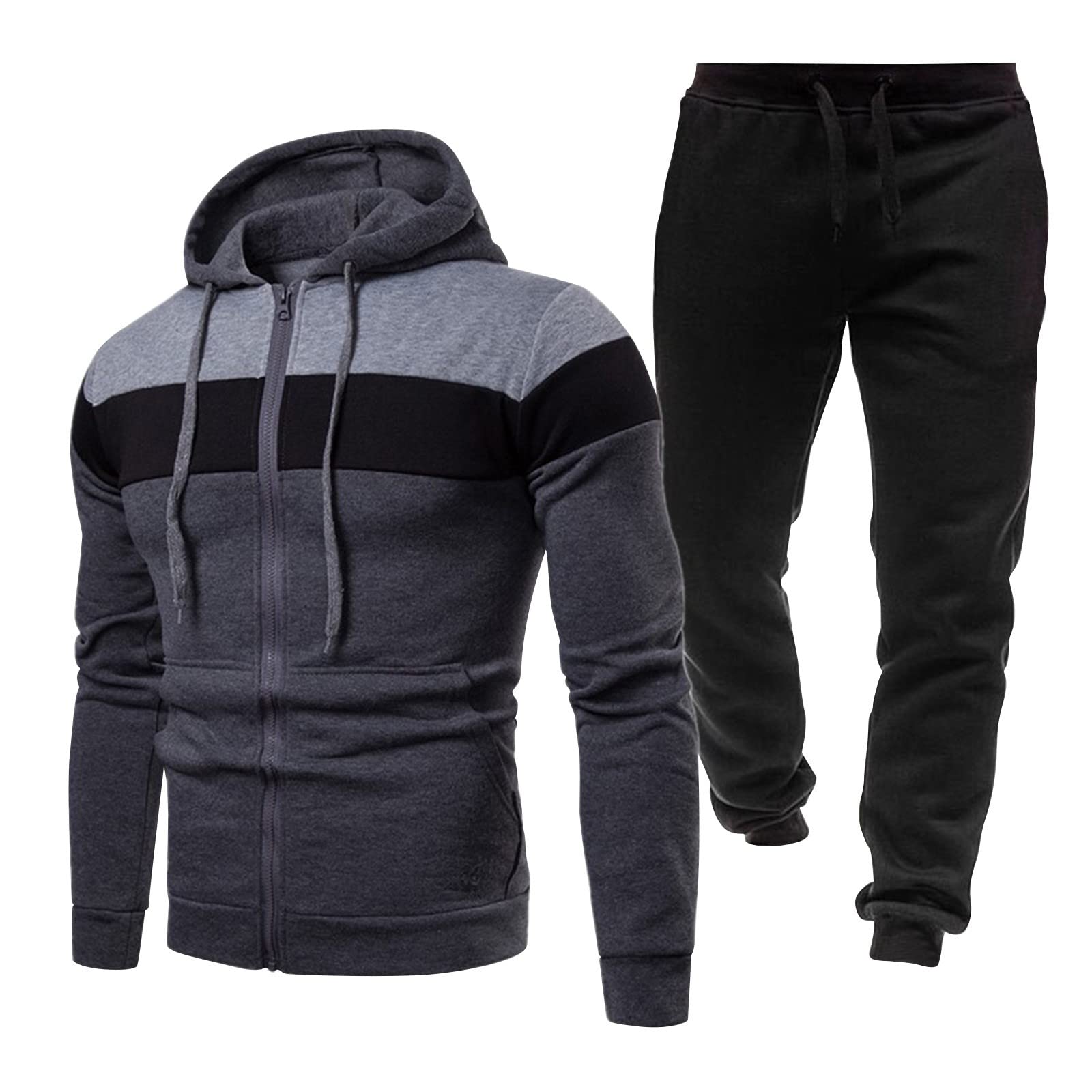 Męski dres treningowy, 2-częściowy, zapinana na zamek bluza z kapturem i joggery, ciemnoszara i czarna, odzież sportowa dla mężczyzn, miękka bawełniana dres treningowy z kieszeniami, wygodna odzież