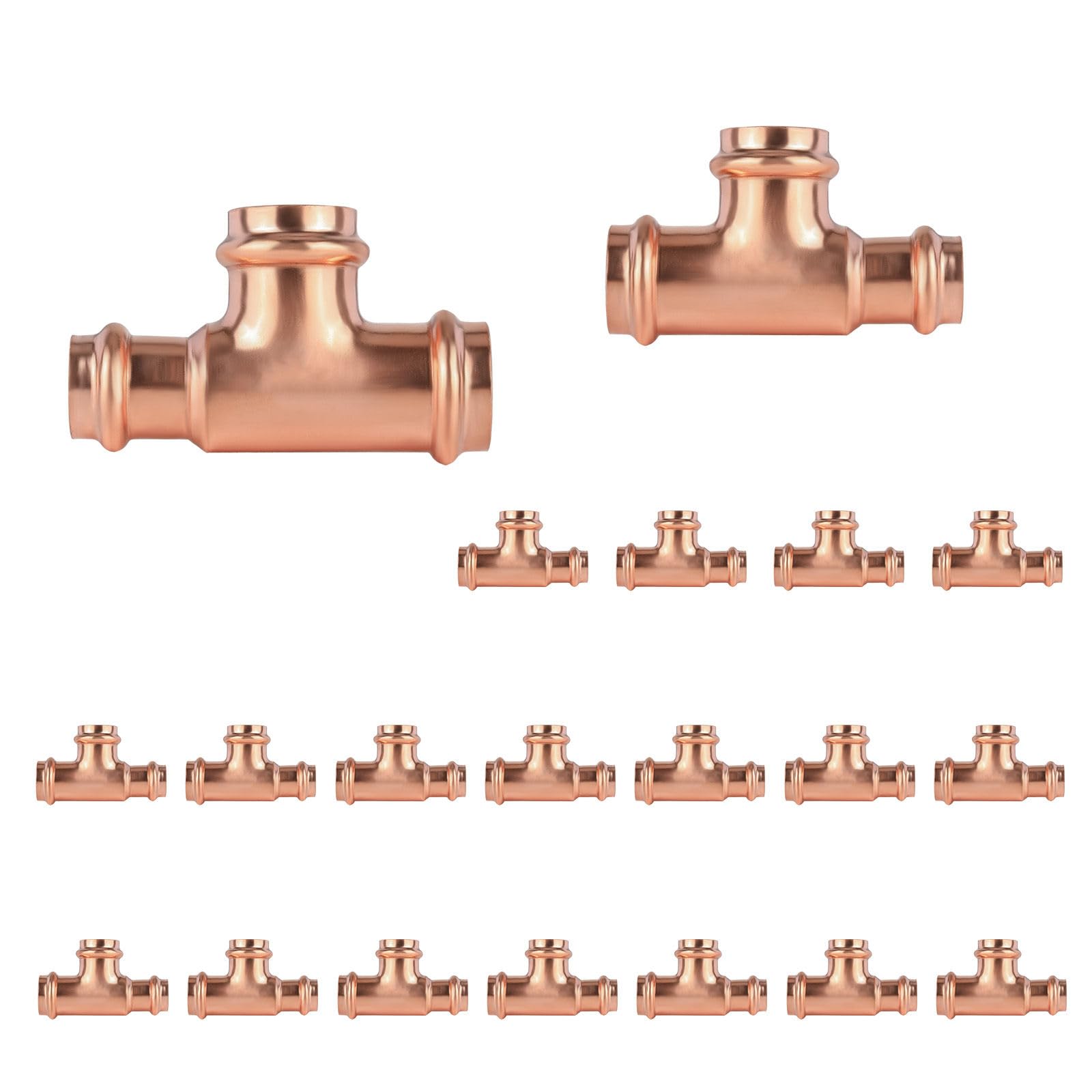 Paquete de 20 conectores en T reductores de cobre GUOFIS, 1-1/4" P x 3/4" P x 1-1/4", conector en T reductor de presión para plomería, conector de tres vías para derivación de transición de tamaño d