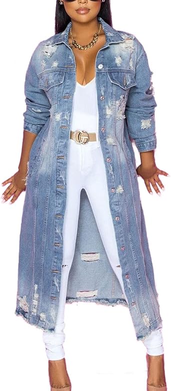 Amazon.com: Gabardina larga de mezclilla para mujer, desgastada, lavada,  color azul : Ropa, Zapatos y Joyería