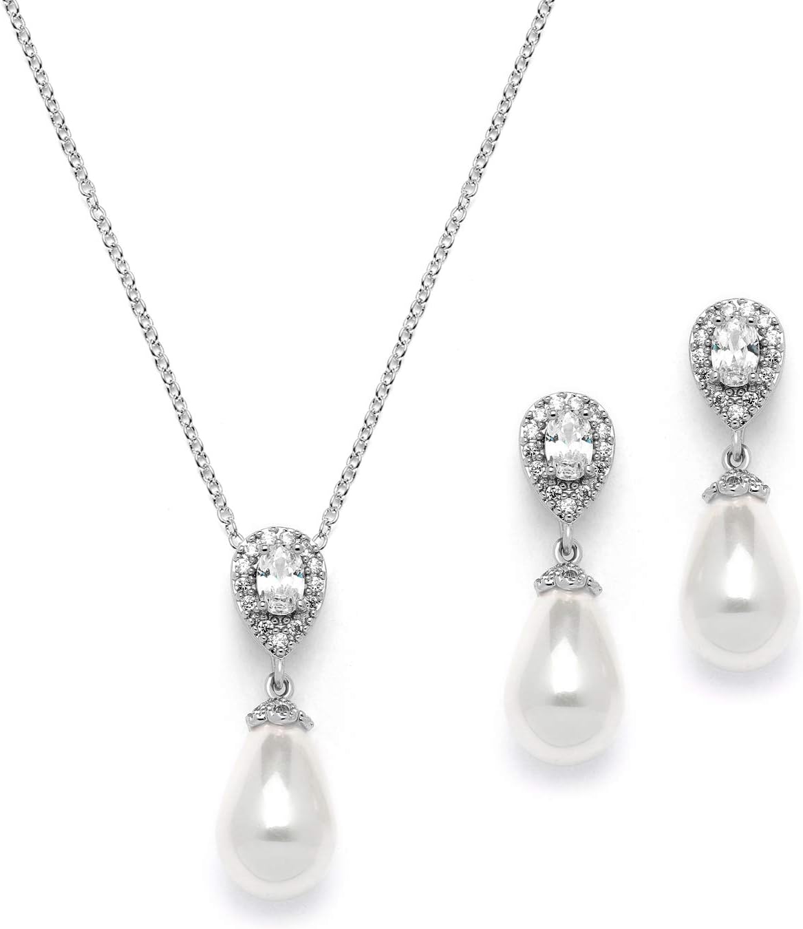 Pearl Drop Bridal Necklace and Earrings Set with CZ Crystals for Brides, Wedding, Birthday Gift
