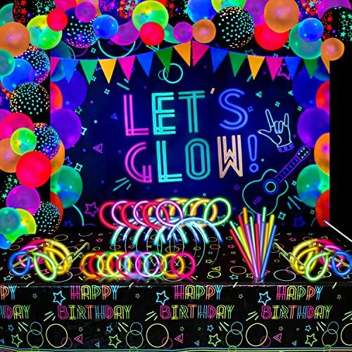 190 PCS Neon Glow Birthday Party Supplies - Let's Glow Backdrop Banner, Tablecloth, Glow in The Dark Balloons, Glow Sticks, Bracelet Connectors, Glasses and Headband for Kid Neon Party Decorations