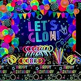 190 PCS Neon Glow Birthday Party Supplies - Let's Glow Backdrop Banner, Tablecloth, Glow in The Dark