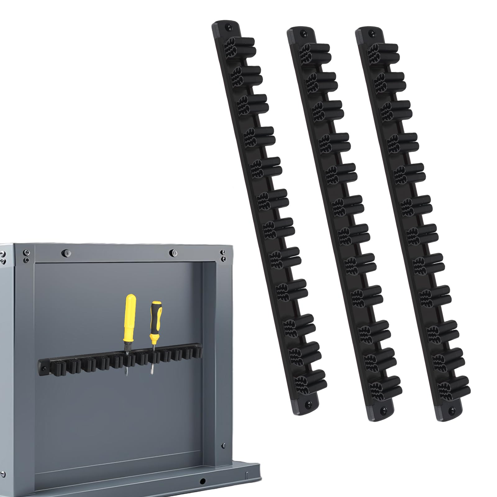 KMDZDZGS Set of 3 Magnetic Tool Holder Rack, Magnetic Spanner Organiser & Screwdriver Holder, Heavy Duty Aluminum Rail Wrench Hanger with 12 Sliding Clips for Garage & Workshop (Black)
