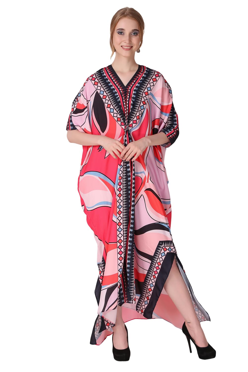 Abstract Ideal Printed Crepe Maxi Length Kaftan Dress for Women Multicolor Freesize-image-24