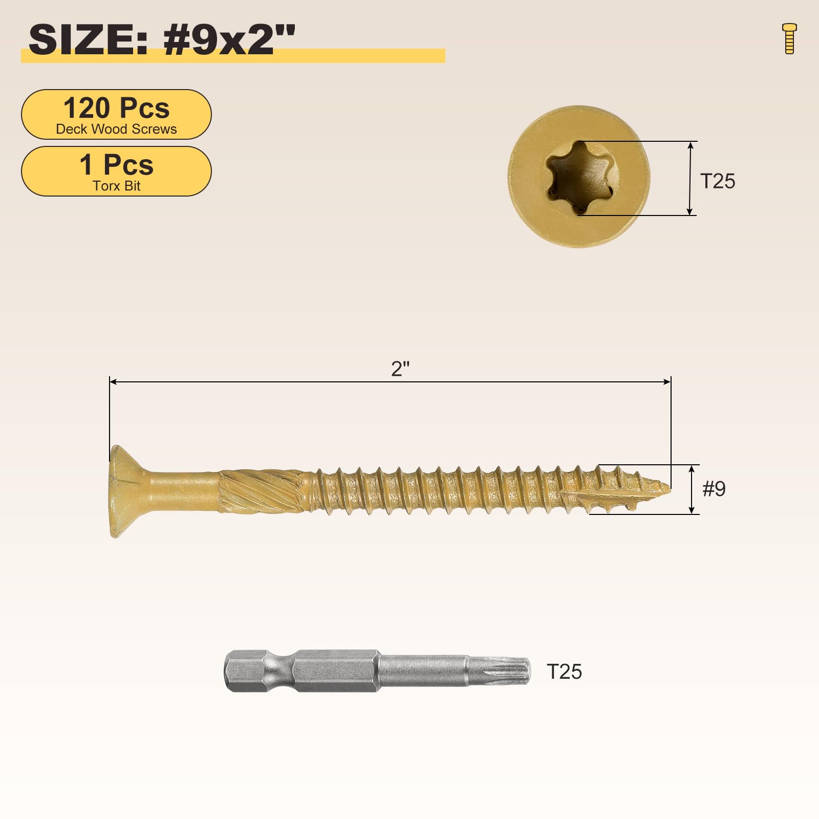 METALLIXITY Deck Screws (#9x2") 120Pcs, Carbon Steel Wood Screw Decking Screws Epoxy Coated with T25 Torx Drive Head - Image 2