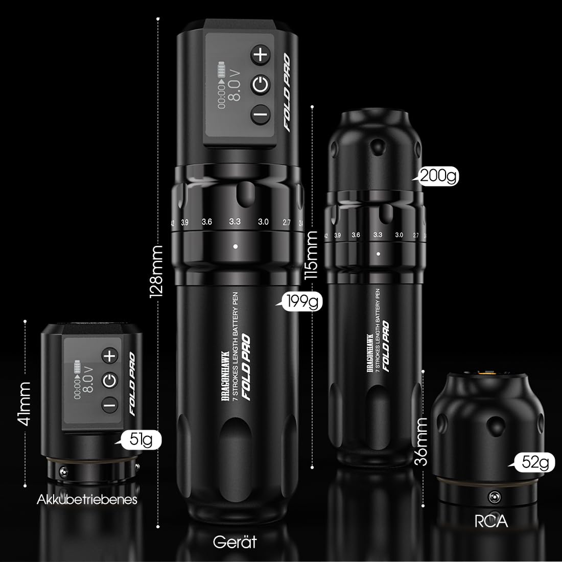 Dragonhawk Tattoo Maschine Set Fold Pro Kabelloser Tattoo Maschine Gun with 2 Batteries mit 7 Hübe 2.4-4.2mm 20 Stück Tattoo Nadeln für Linien und Sharding