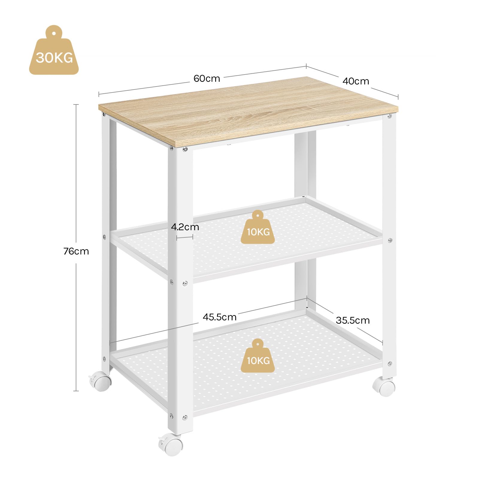 WOLTU Carro de Cocina de 3 Niveles, Estanteria con Ruedas, Carrito Auxiliar con Estantes Metálicas, para Cocina, Salón y Baño, 60x40x76 cm (Blanco+Roble Claro)