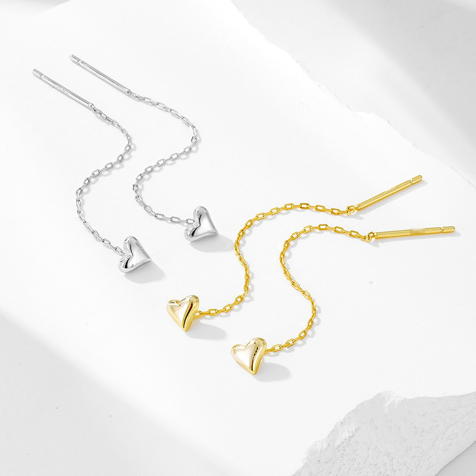 Durchzieher Ohrringe Gold 750 585 375 Damen, Ohrhänger Durchzieher Herz mit Lange Kette Hochzeit Ohrringe Allergiefrei für Frauen