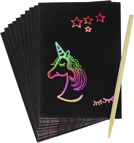 Dohia Juego de arte de papel para rascar para niños, papel mágico para rascar, hojas de rascar negras, kit de manualidades de arcoíris, notas de
