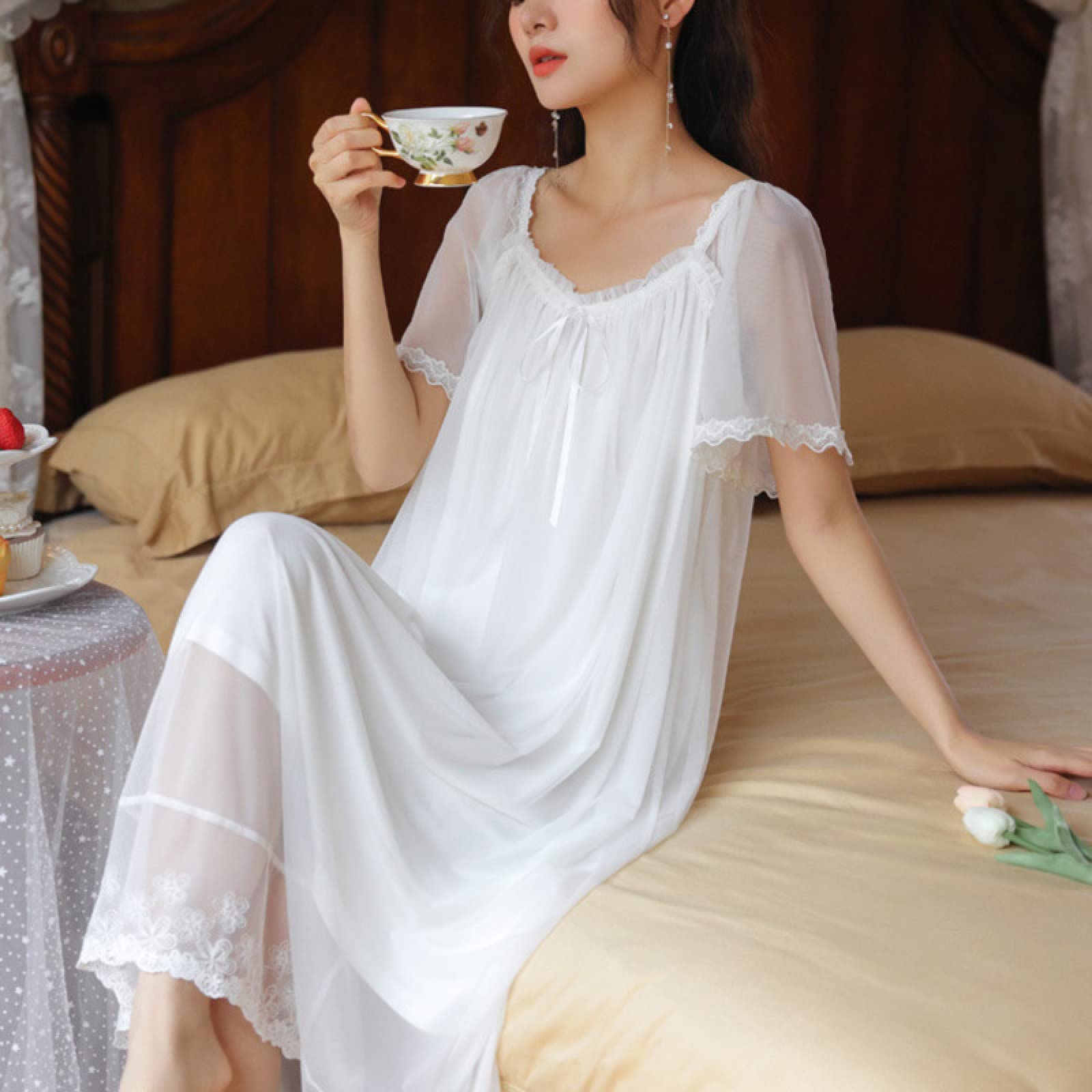 OFFSUM Camisón De Pijama De Mujer - Verano Estilo Princesa Cuello Cuadrado Camisón Encaje Malla Bowknot Manga Corta Camisón Elegante Casual Loungewear Vestido