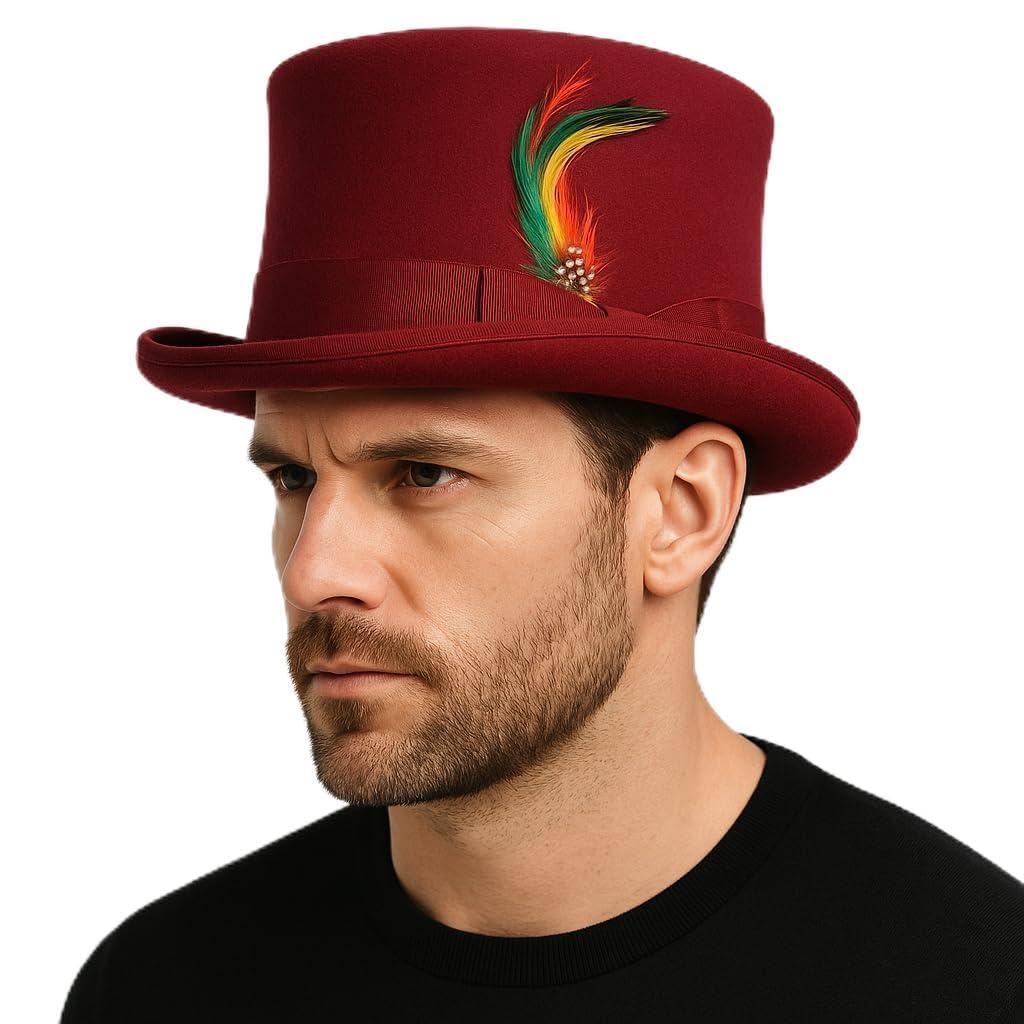 Novella Noori Handmade Wool Felt Top Hat - Wool, Satin Lined Water-Repellent Top Hats with Removable Feather - Women and Mens Tophat for Weddings, Parties or Vintage Costumes (UK, L, Maroon)