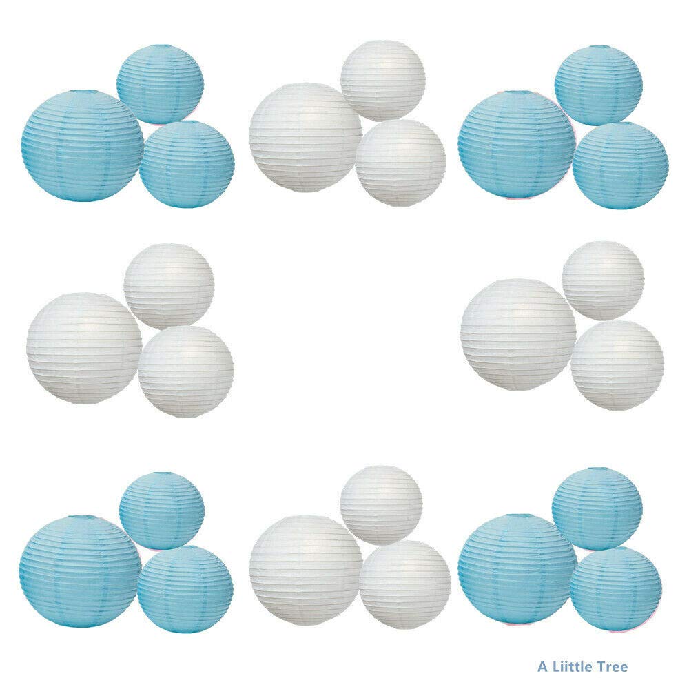 A Liittle Tree 24 PCs Mixed Size Round Paper Lanterns Birthday Wedding Party Celebrations (Light Blue + White, 8" +12" +14)