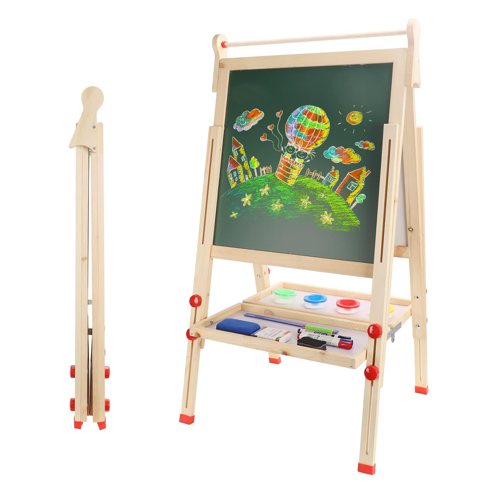 Dripex Kinder Tafel Faltbare Holz Kindertafel Malerei Holztafel Doppelseitige Kreidetafel und Whiteboard Höhenverstellbar Standtafel mit 26Stk Malzubehör (ab 3 Jahre)