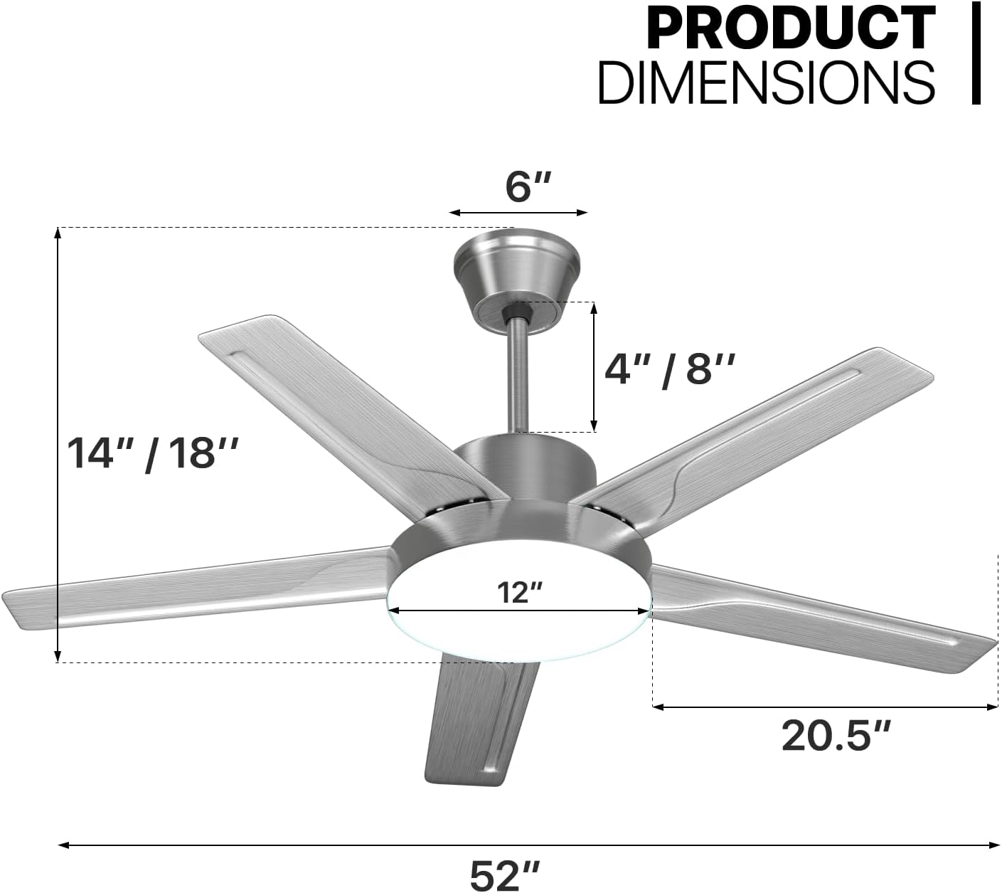 mollie 52" Ceiling Fan with Light and Remote, Rustic Dimmable LED Ceiling Fan w/Reversible Motor, 5 Industrial Stainless Steel Blades, 6 Adjustable Speeds for Bedroom, Living Room & Patio, Silver
