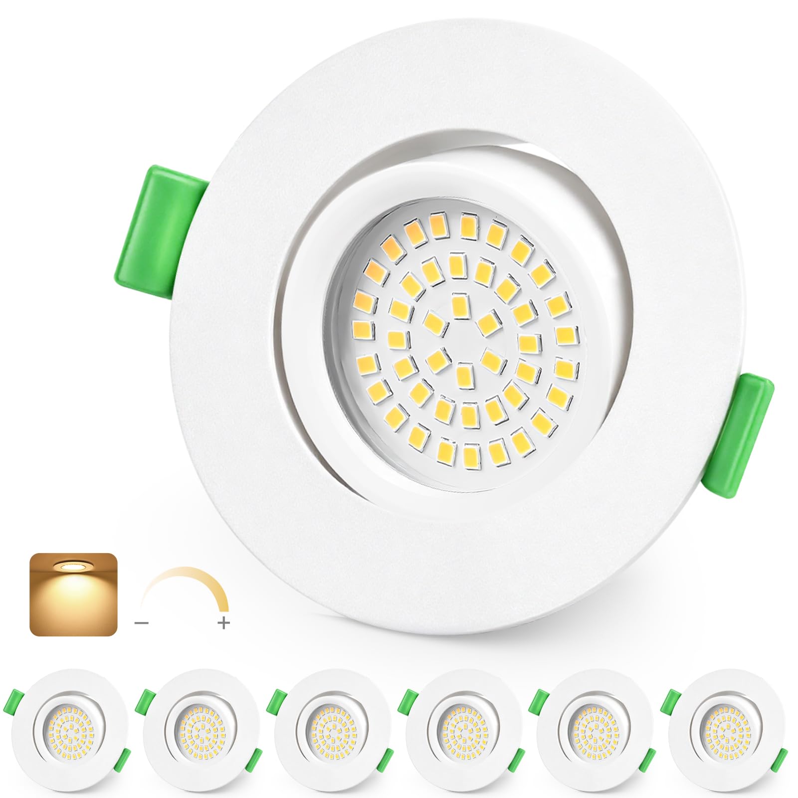 KYOTECH LED Einbaustrahler 230V Dimmbar 68-80mm Ultra Flach LED Spots 5W IP44 Bad Einbauleuchten Deckenspots Warmweiß 2700K 45° Schwenkbar Einbauspots für Badezimmer Wohnzimmer, Weiß 6er Set