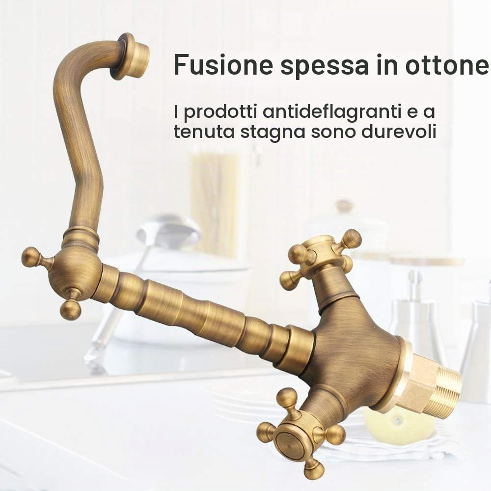 Rubinetto Vintage Rubinetto Lavello Cucina Girevole a 360°, Miscelatore Lavabo Bagno in Ottone, Rubinetto Bagno a Doppia Maniglia, Calda e Fredda del Rubinetto, con Tubo Flessibile, Design Durevole