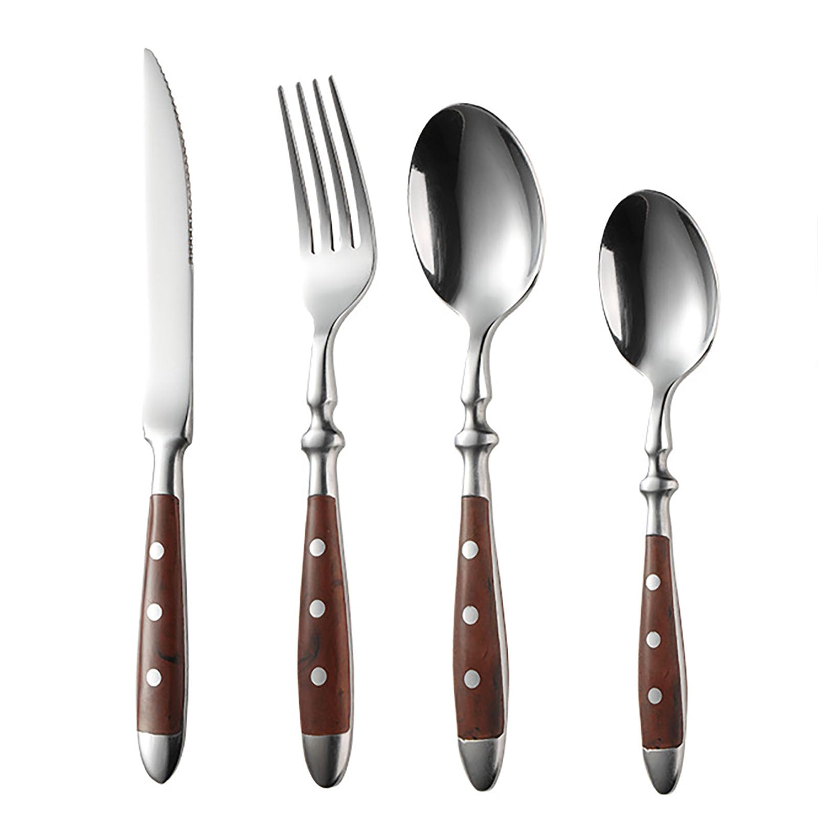 IKXO 16 Pieces Brown Gum Wood Handle Silverware Set for 4, Exquisite Ergonomic Flatware Set Food-Grade Stainless Steel Cutlery Set, Tableware Eating Utensils, Mirror Finished, Dishwasher Safe