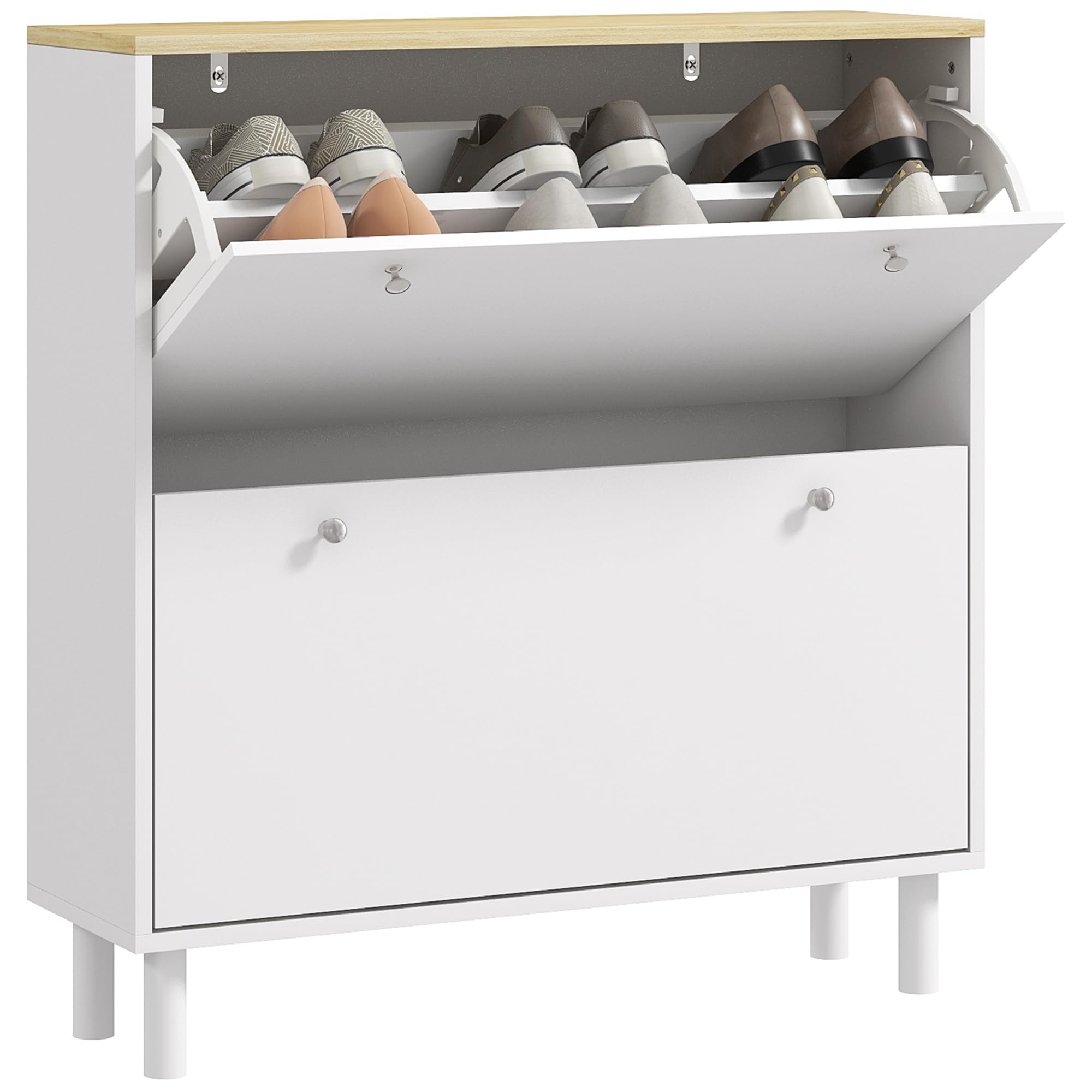 HOMCOM Shoe Cabinet, Narrow Shoe Storage Cabinet with 2 Flip Drawers and Adjustable Shelves for 16 Pairs of Shoes for Entryway, Hallway, White