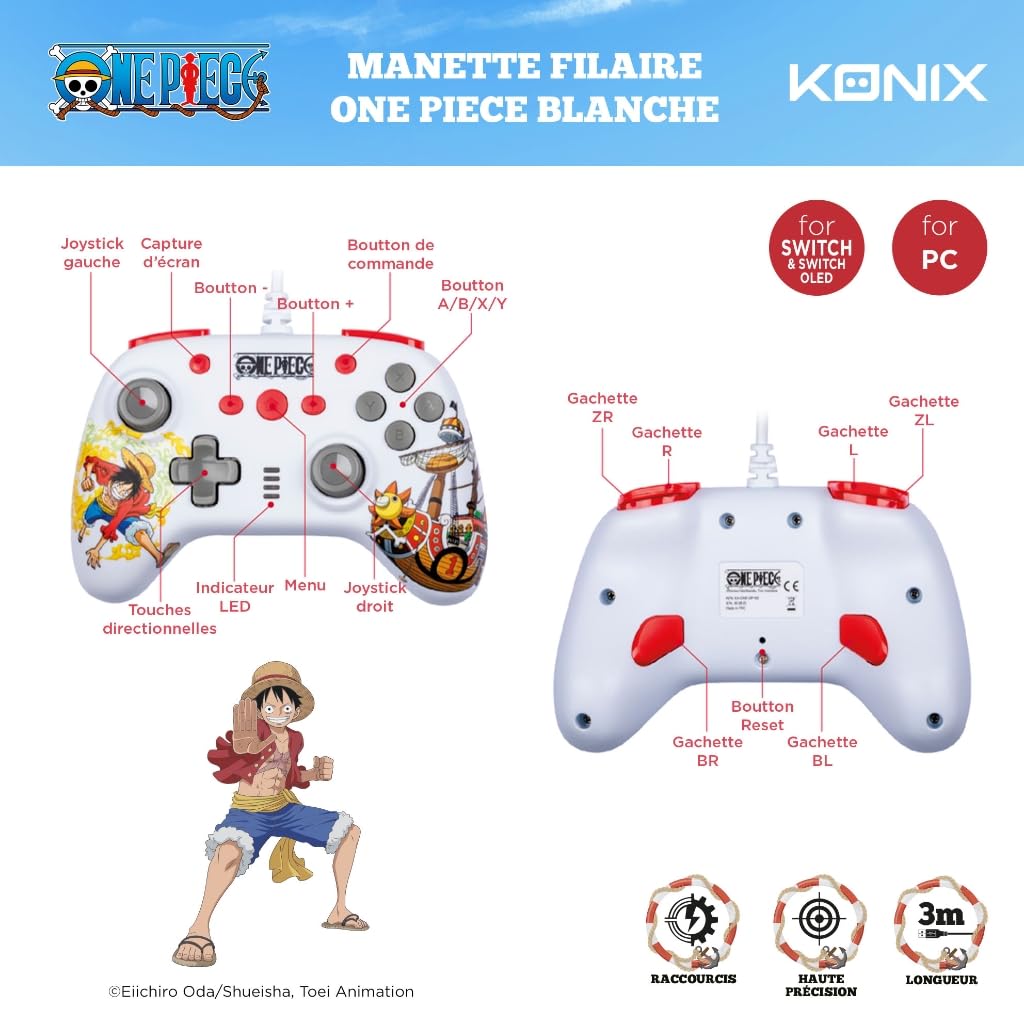 Konix One Piece Wired Controller für Nintendo Switch, OLED Switch und PC - Vibrationsfunktion - 3 m Kabel - Luffy-Motiv - Weiß