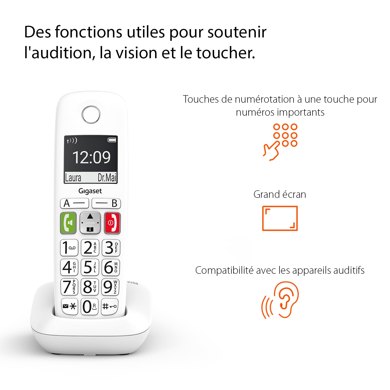 Gigaset E290 téléphone sans fil seniors larges touches amplification son fort blanc