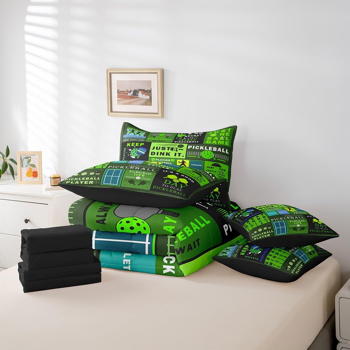 Erosebridal 7 Pieces Green Pickleball Bedding with Bed Sheets Queen,Rustic Patchwork Bed in A Bag for Kids Boys Girls,Extreme Sports Ball Game Comforter Set for Teens Adults,Pickleball Life Quilt