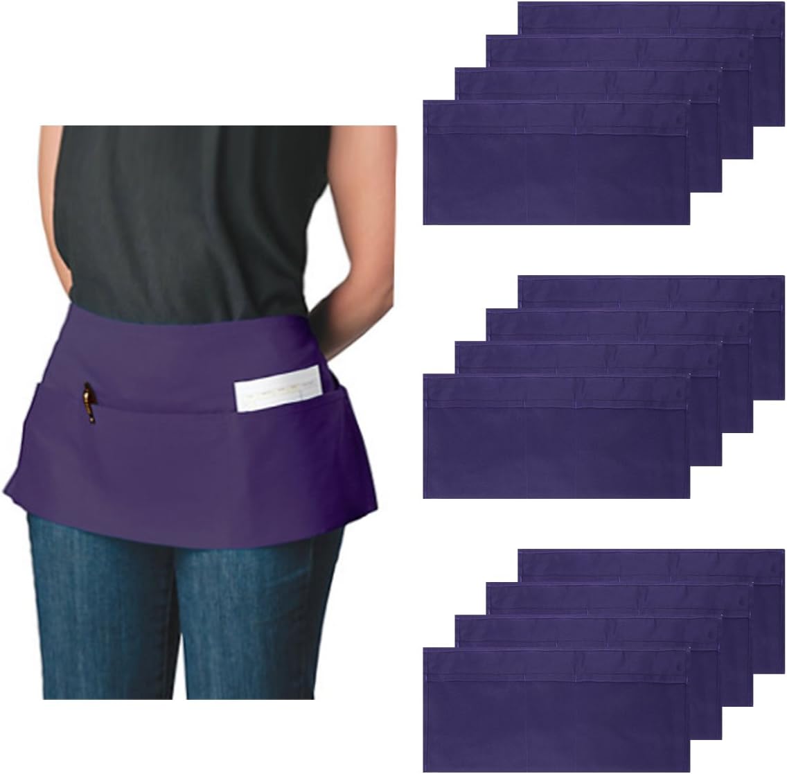 Ataly 3-Pocket Canvas Waist Aprons For Women & Men Bulk Set Short Waitress Waiter Server Half Apron
