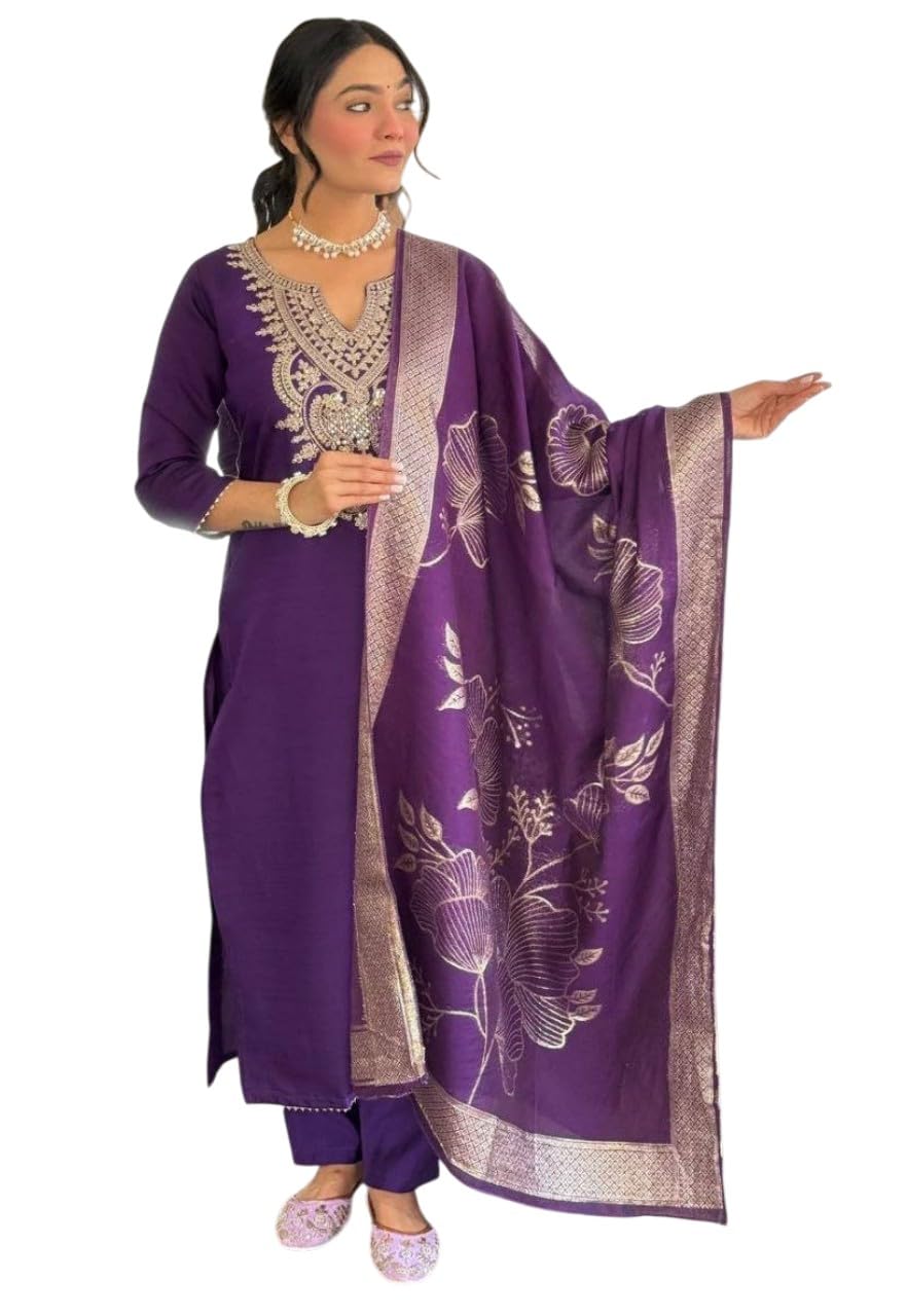 Women's Purple Embroidered Kurta Pant with Banarasi Dupatta-image-23