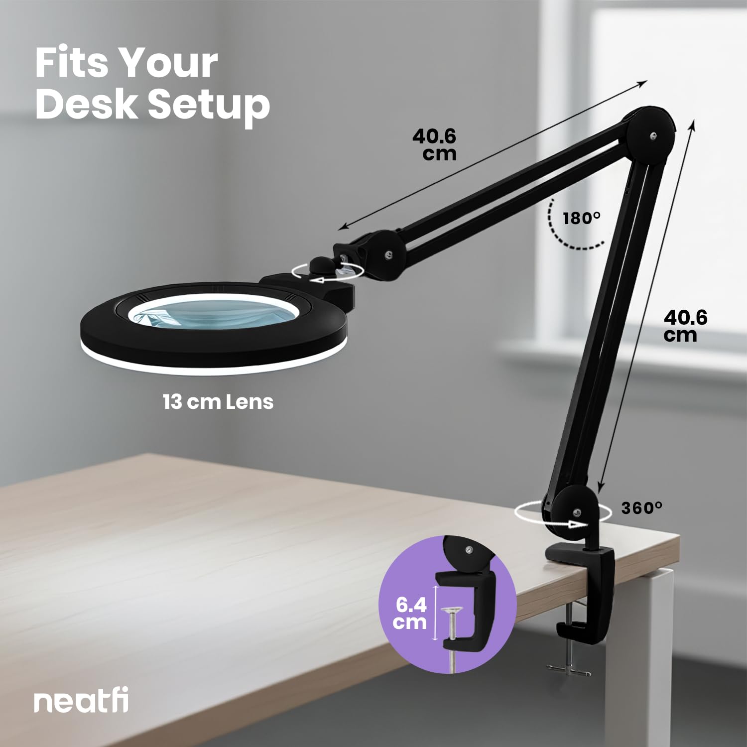 Neatfi XL bifocale Lampada d’ingrandimento LED, dimmerabile | 3 modalità di illuminazione, braccio regolabile e morsetto di fissaggio (Lente da 13 cm)