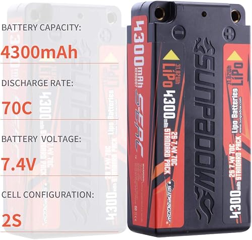 Miniatura 2 de SUNPADOW 7.4V 2S Shorty Lipo Battery 4300mAh 70C Hard Case with 4mm Bullet for RC Vehicles Car Truck Truggy Tank Buggy Racing Hobby (2 Count)