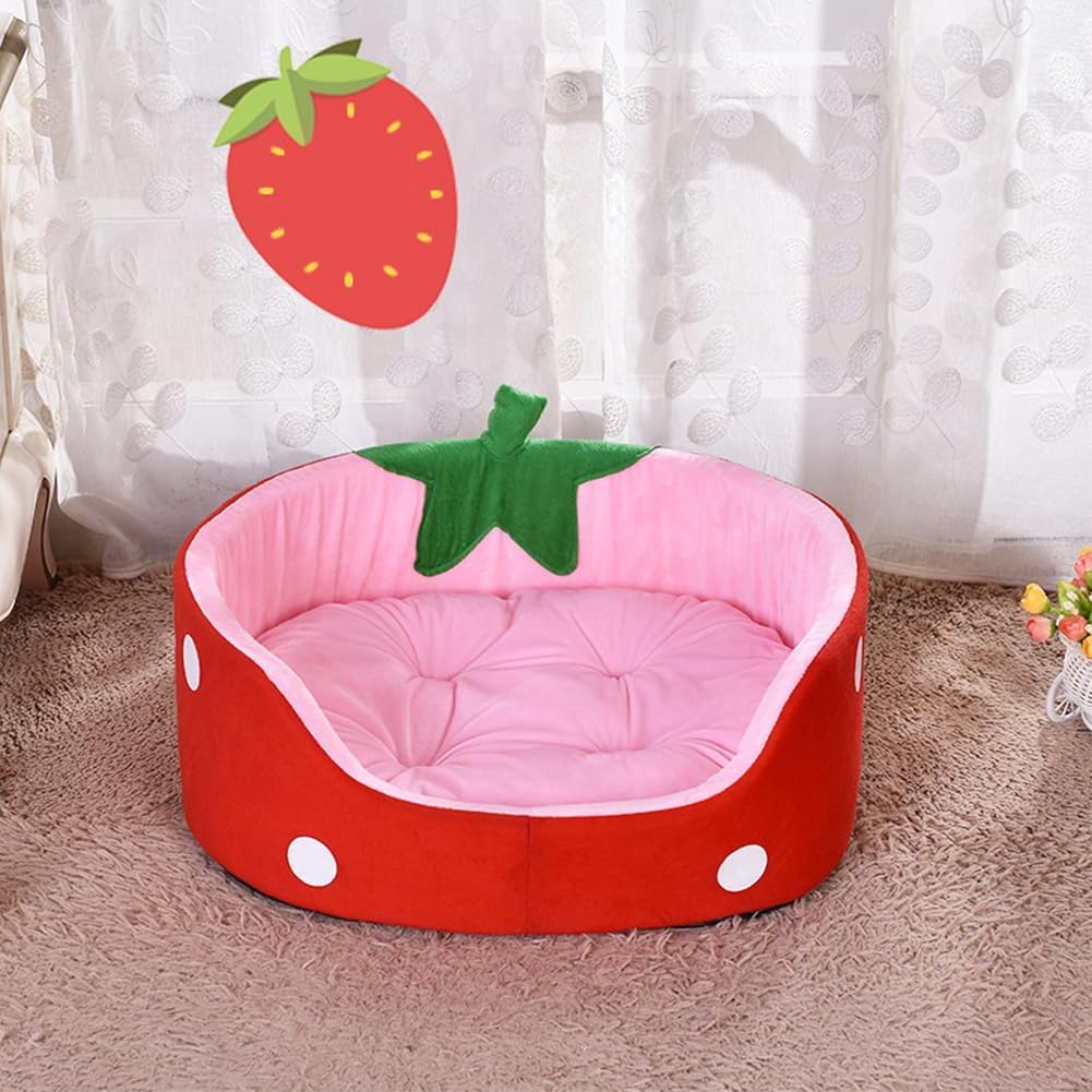 Strawberry Cat Bed, Cute Fluffy Pet Bed for Indoor Small Dogs, Pink Aesthetic Fancy Cat Sofa Couch with Removable Washable Cushion, Cozy Winter Puppy Bed for Teddy Poodle (L)