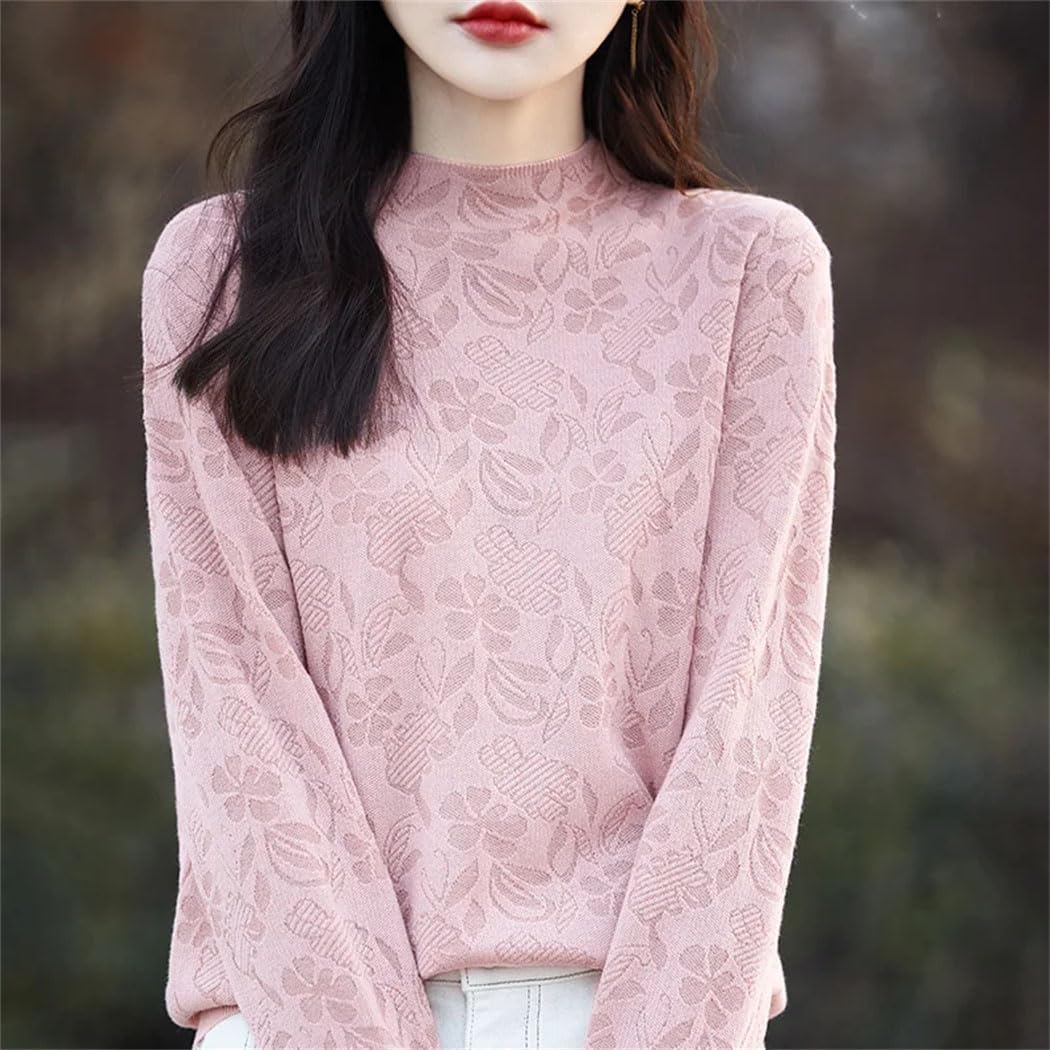 Women's Chinese Style Thin Wool Lace Mock Neck Sweater Fashion Floral Loose Long Sleeve Knitted Pullover Jumper