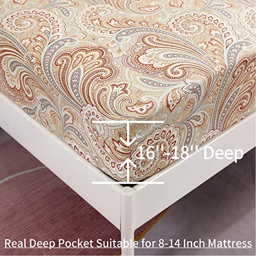 Winlife Queen Fitted Sheet Only - 100% Long Staple Cotton - Deep Pocket Fits Mattress Upto 18 Inches - Bohemian Paisley Printed Fitted Sheet (Camel Paisley) #TOP2