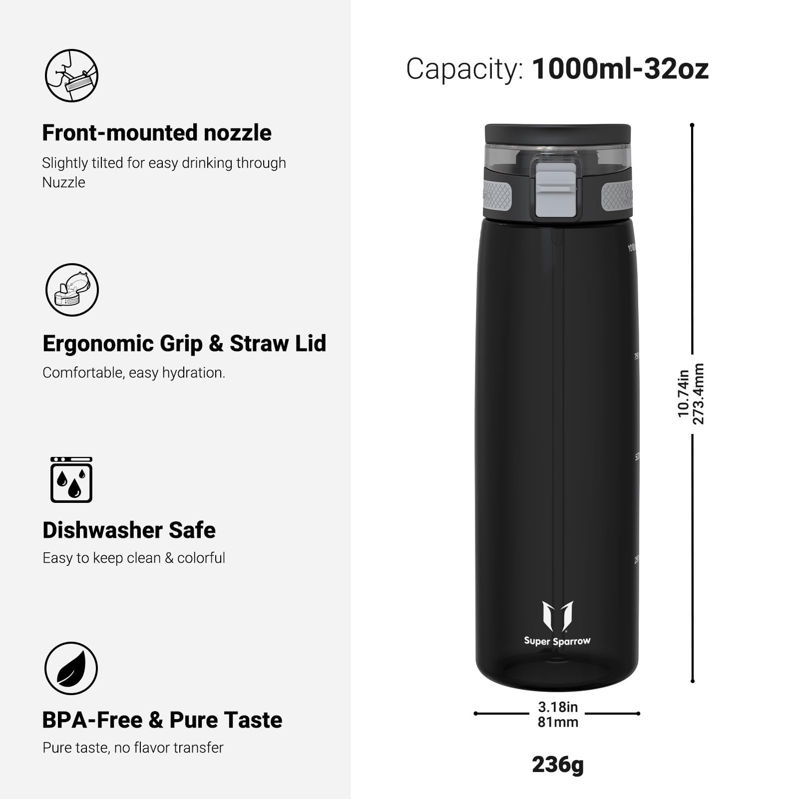 Sparrow Butelka na Wodę - Tritanu Bidon ze Słomką - Sportowy Butelka | 500/750ml/1L, Bidon dla dzieci, Szczelny, Przystosowany do mycia w zmywarce, Wolny od BPA, Wytrzymały, Sportu, TouchSip