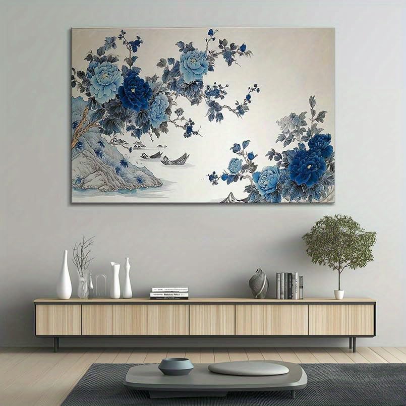VCBNUGH Decorazione murale con peonia blu, stampa su tela con paesaggio, poster su tela, decorazione per camera da letto/soggiorno (50x70 cm/con cornice)