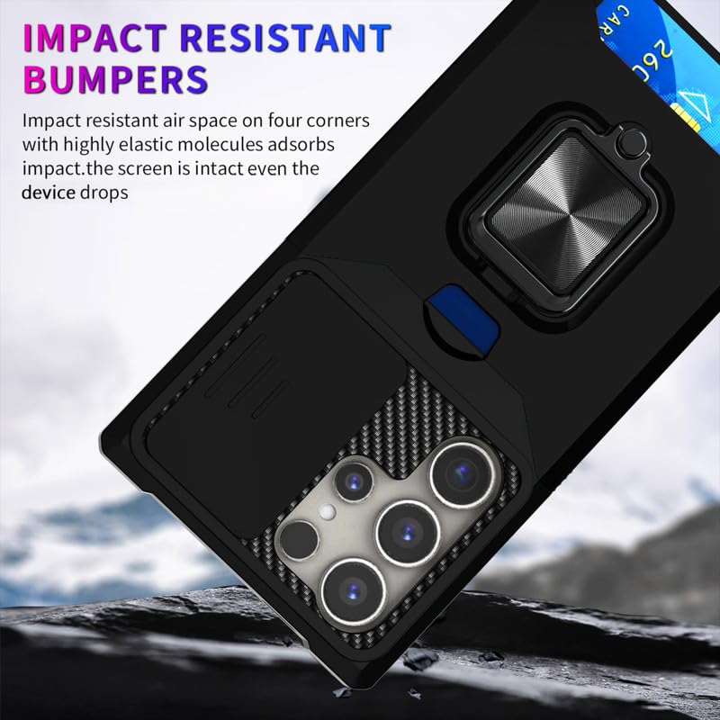 Image of LuxuryKase Shockproof Armor Case for Samsung Galaxy S24 Ultra | Slide Camera Cover | Hidden Card Slot | Rotating Ring Kickstand | Magnetic Car Mount Support | Military Grade Protection - Black