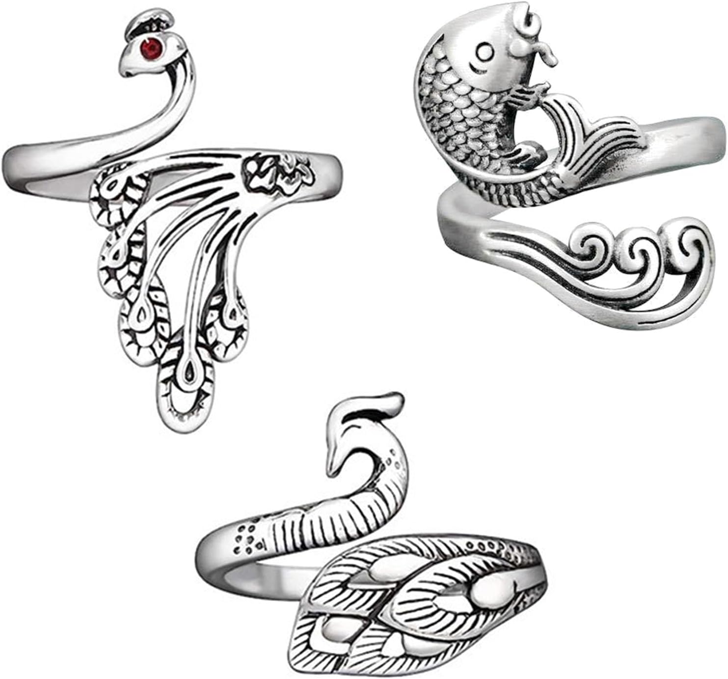 3PCS Adjustable Knitting Loop Crochet Ring, Yarn Tension Ring Silver Peacock Fish Phoenix Woven Rings Open Ring Finger Holder Knitting Thimble for Crafts Hand Weaving Hook Line Supplies