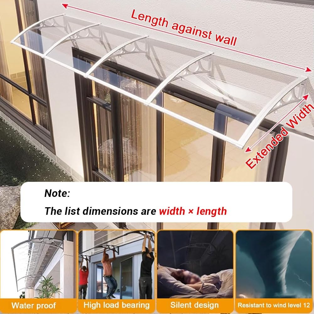 Auvent De Porte D'entrée Toit Marquise en Polycarbonate Transparent | Auvent Pour Terrasse 100x300cm Marquise De Porte Extérieure, Toit Abri Protection Contre La Pluie(White,100x180cm/39"x71")