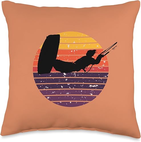 Kitesurf Gifts and Surf Lover Tees by taiche Kiter Action Freestyle Artístico Negro Vector Retro Sunset Throw Pillow, 16 x 16 pulgadas, multicolor