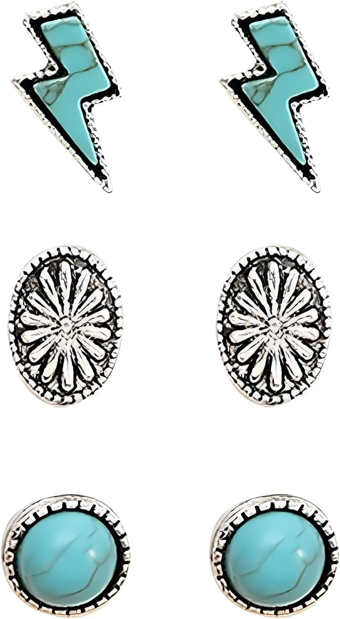 Dreuyet Turquoise Stud Earrings Set for Women Handmade Gemstone Oval Round Flower Cut Shape Square Studs Earrings Boho Turquoise Earrings Trendy Jewelry